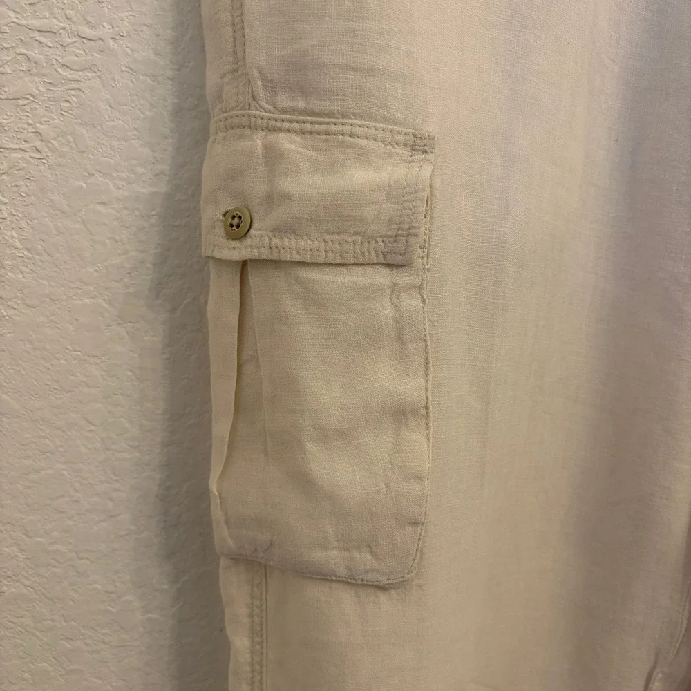 Tommy Bahama Linen Cargo Pants Men L 38 Cream Drawstring Relaxed Straight Safari